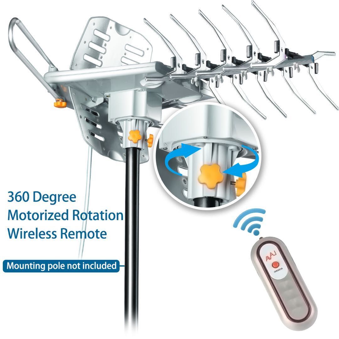 A picture of a antenna with 360 degree motorized rotation and wireless remote