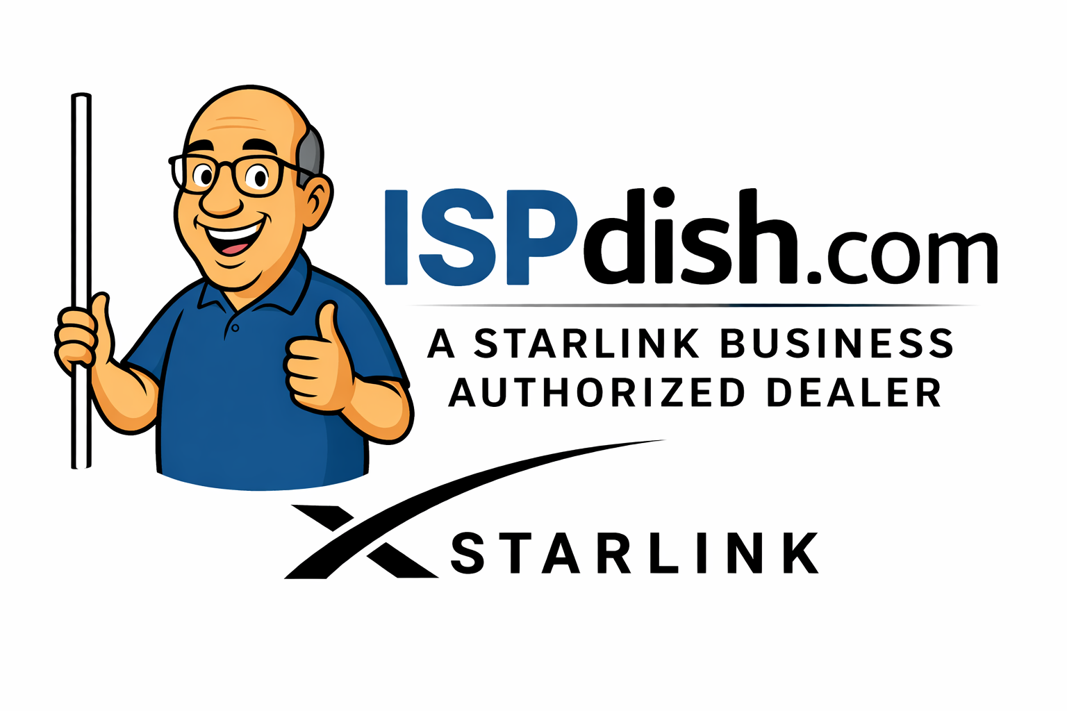 A smiling cartoon person giving a thumbs up next to the ISPdish.com and Starlink logos.
