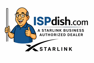 A smiling cartoon person giving a thumbs up next to the ISPdish.com and Starlink logos.