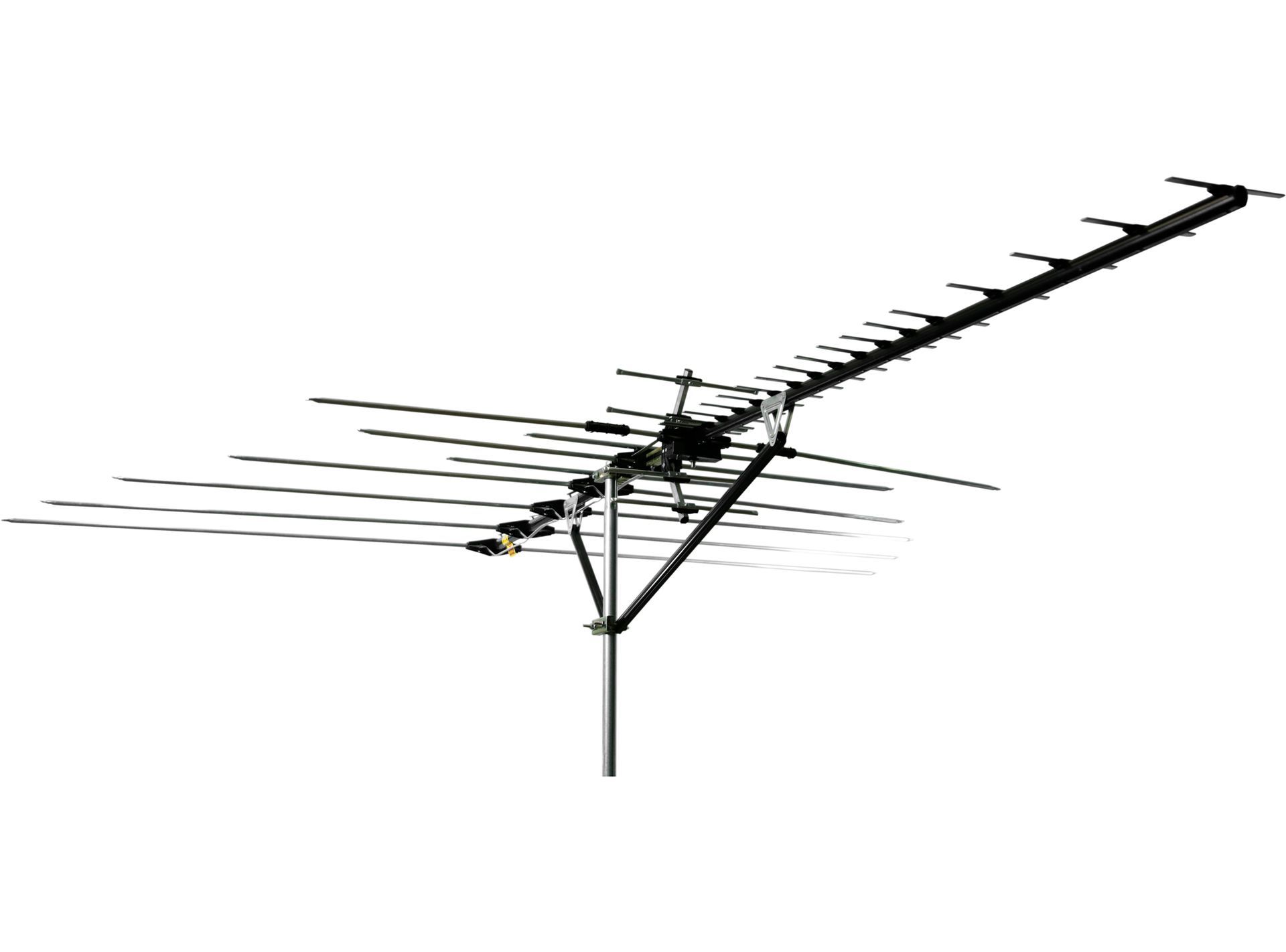 A large antenna is sitting on top of a pole on a white background.