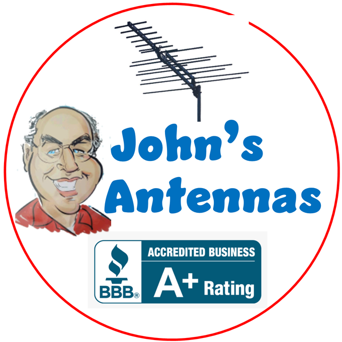 Logo for John’s Antennas featuring a caricature of a man, an antenna icon, and a BBB Accredited A+ rating badge.