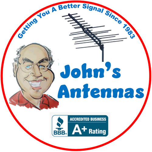 Circular logo with a caricature, antenna, and text for