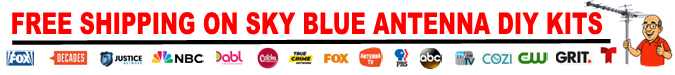 Free shipping on Sky Blue antenna DIY kits, with various TV station logos and a cartoon figure.
