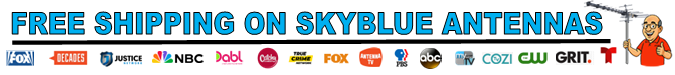 Free shipping on SkyBlue antennas, channels logos, and a man with an antenna.