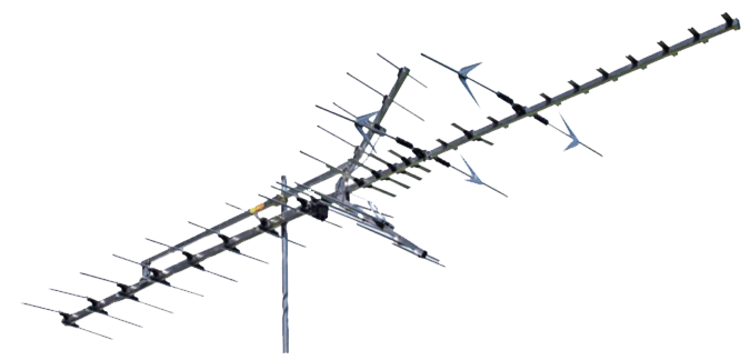 A gray outdoor TV antenna mounted on a pole, with multiple elements extending horizontally.