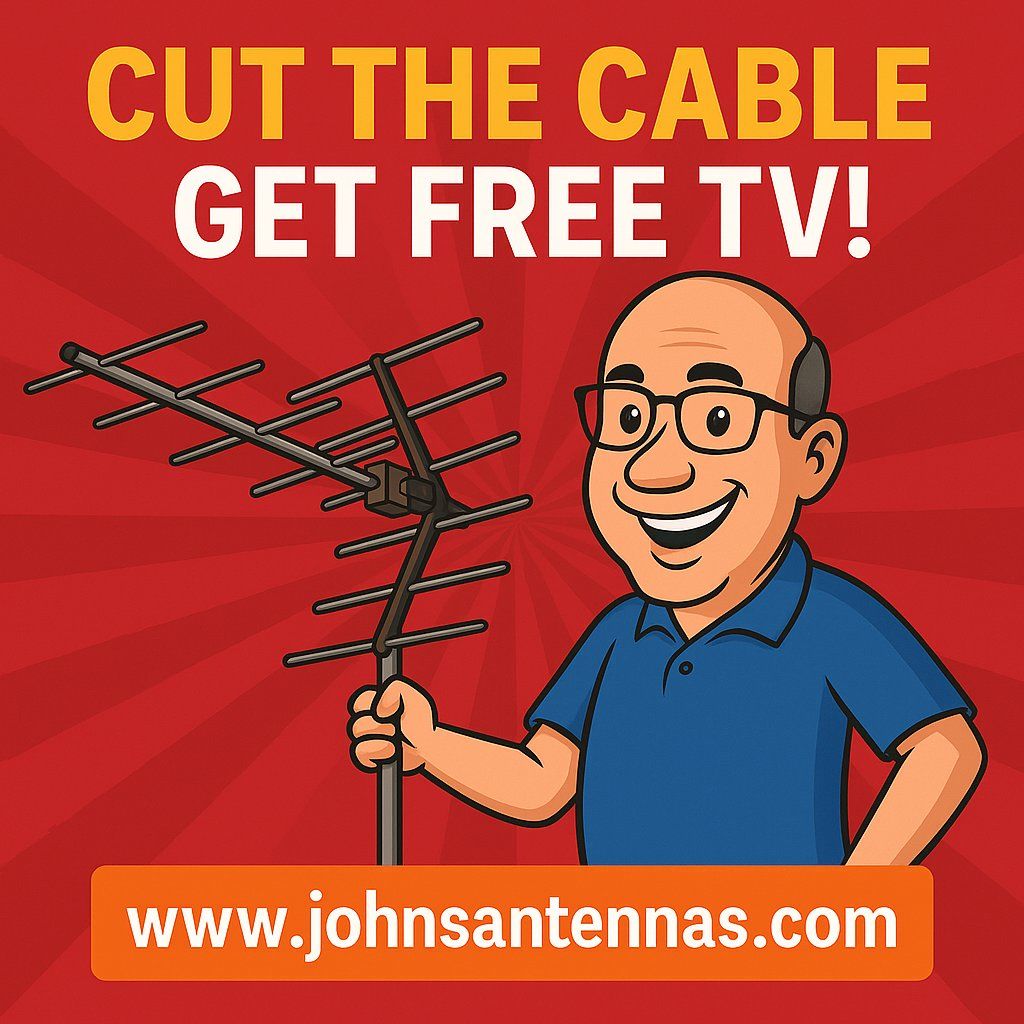 Man holding TV antenna, smiling. 
