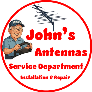 Circular logo for John's Antennas, service & repair department