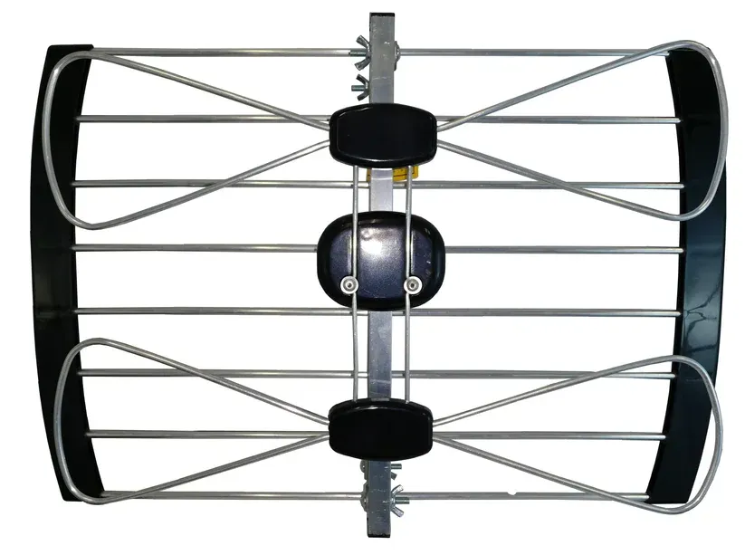 A black and silver antenna on a white background