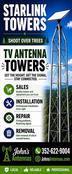 Starlink dish on tower looking over trees, cloudy sky, and contact number 352-622-9004