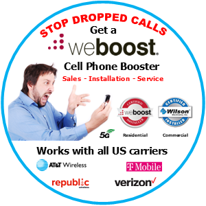 A sign that says stop dropped calls get a webboost cell phone booster