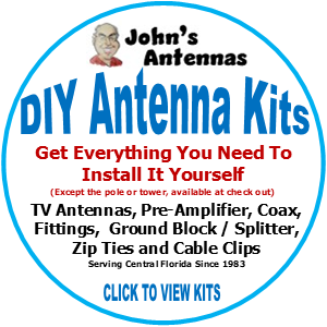 Circular ad: DIY antenna kits. John's Antennas, blue, red, and white text with kits to install yourself in Central Florida.