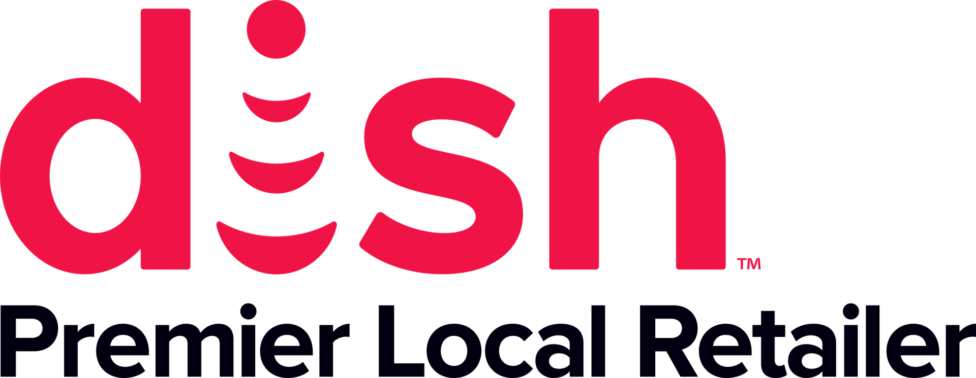 A red and white logo for dish premier local retailer