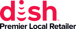 A red and white logo for dish premier local retailer