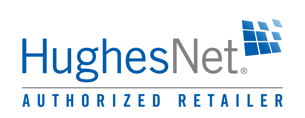 A blue and white logo for hughesnet authorized retailer