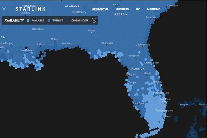 A map of florida is shown on a starlink website