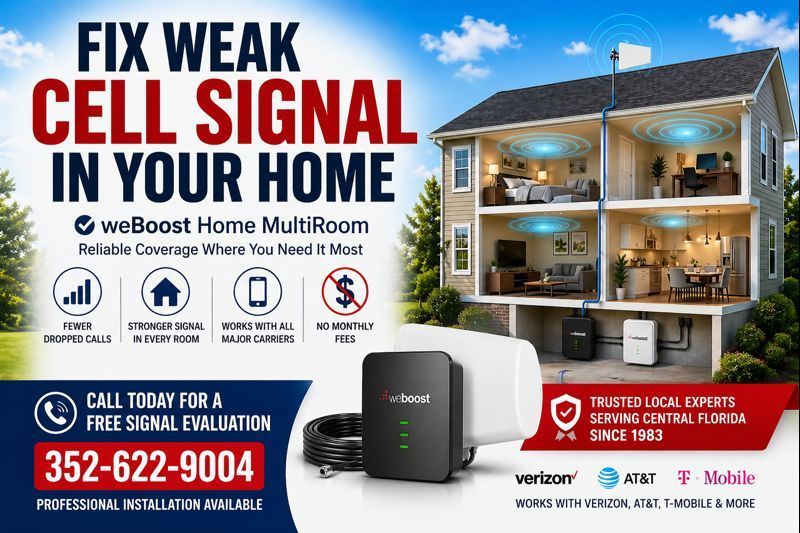 Mounted weBoost Cell Signal Booster antenna mounted on a building