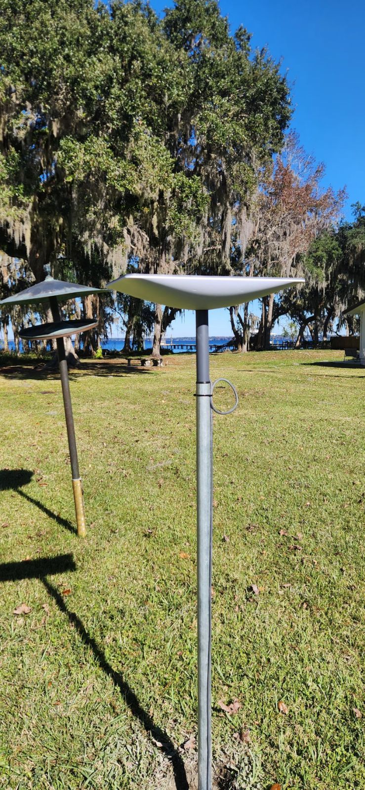 A bird feeder is sitting in the middle of a grassy field next to a Starlink Dish