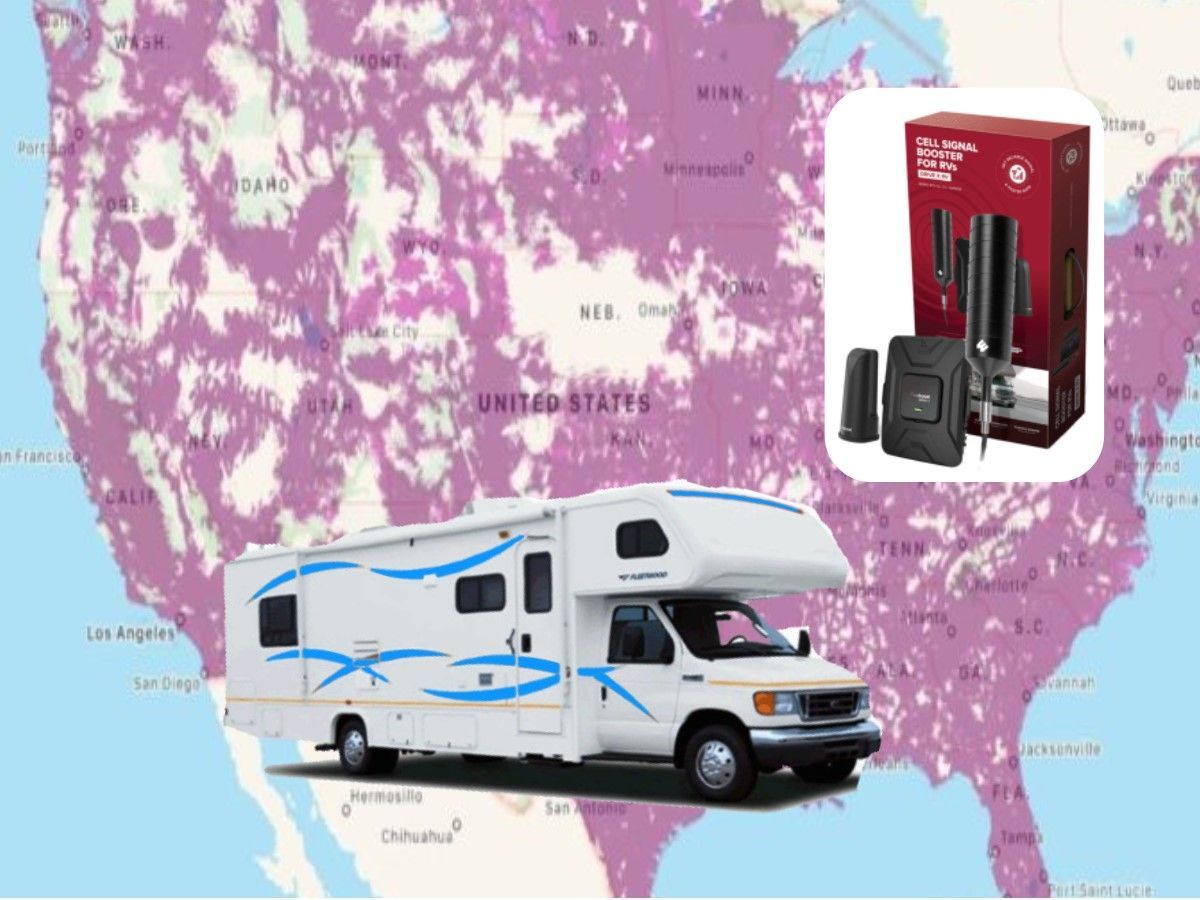 A rv is parked in front of a map of the united states
