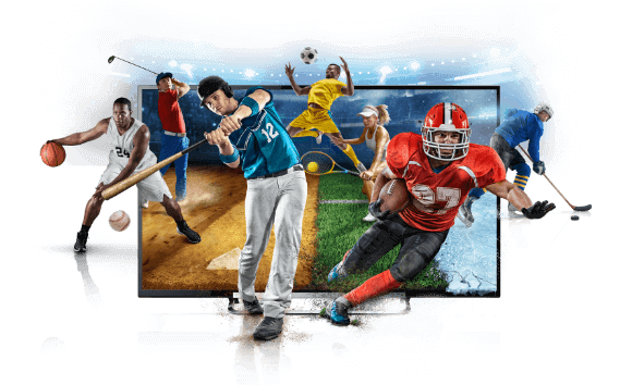 A group of sports players are playing on a television screen.