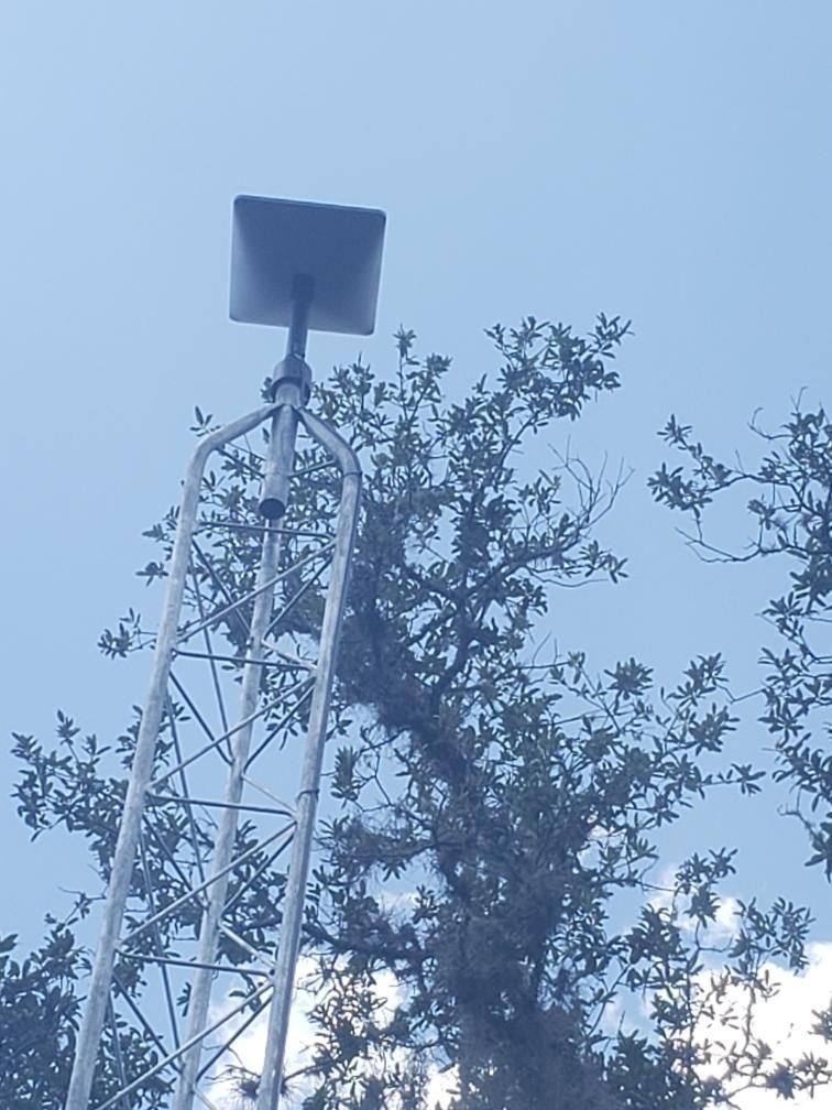 Tall metal tower with a starlink dish  against a twilight sky and tree branches
