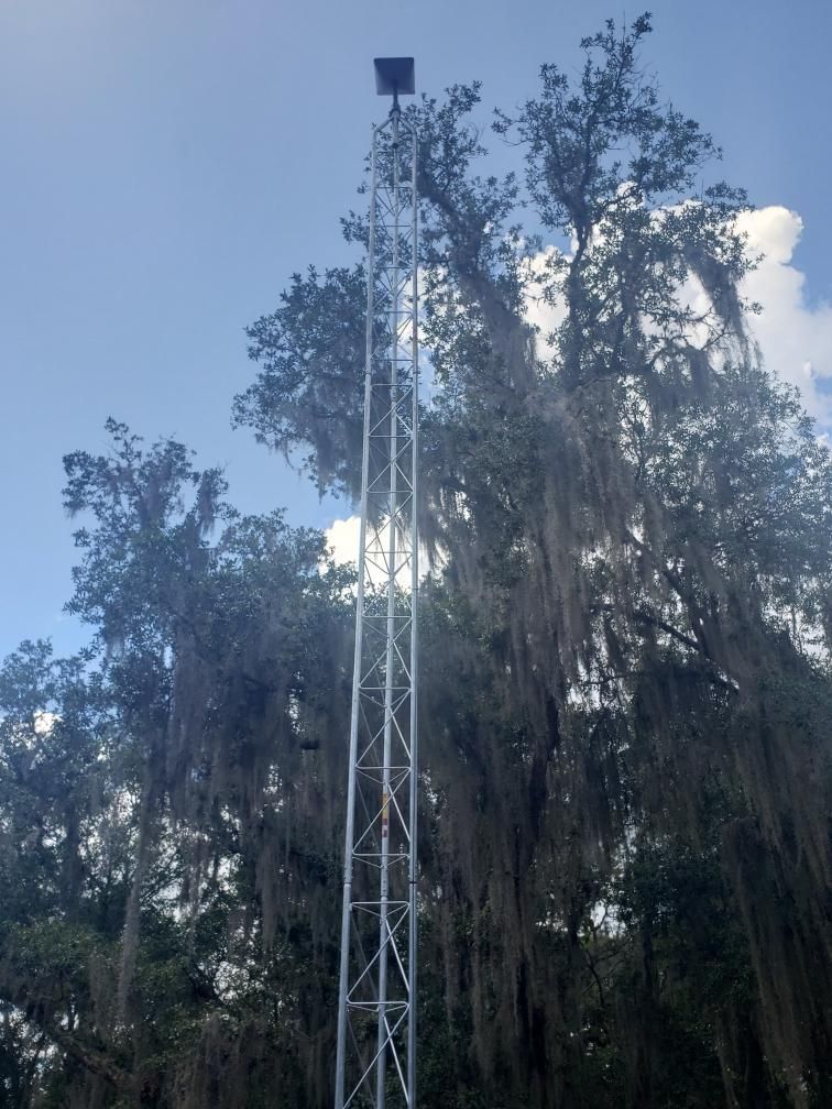 Tall metal tower with starlink on top among trees draped with Spanish moss under a blue sky