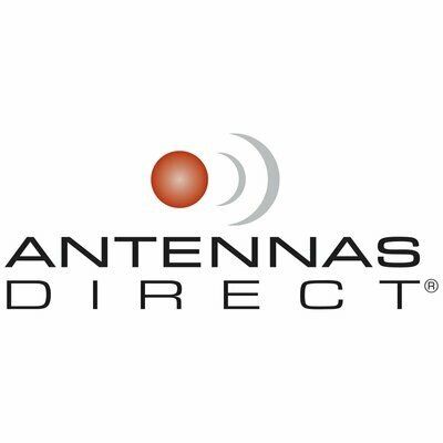 A logo for antennas direct with a red ball in the middle