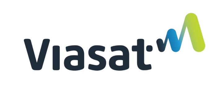 A logo for viasat with a blue and green m on a white background.