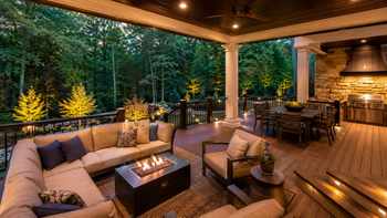 Cozy outdoor patio lounge with sectional seating, fire pit, string lights, and forest views at dusk