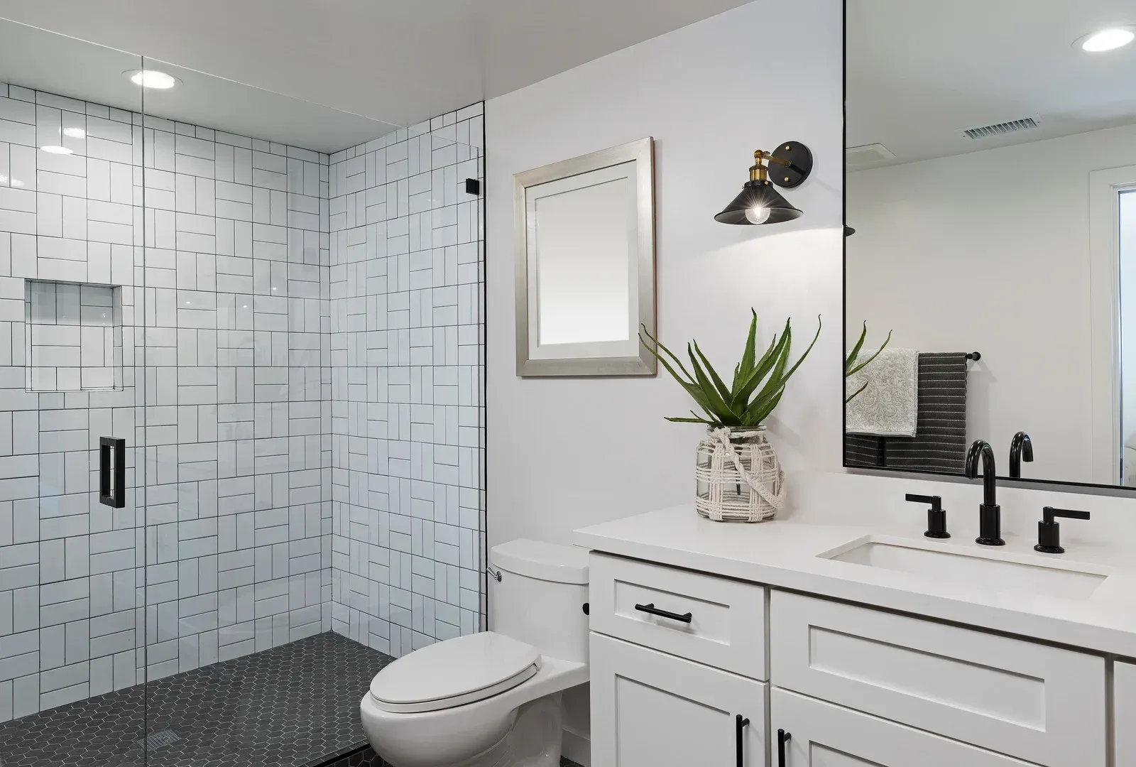 Modern bathroom with glass shower, toilet, and white vanity with mirror and plant
