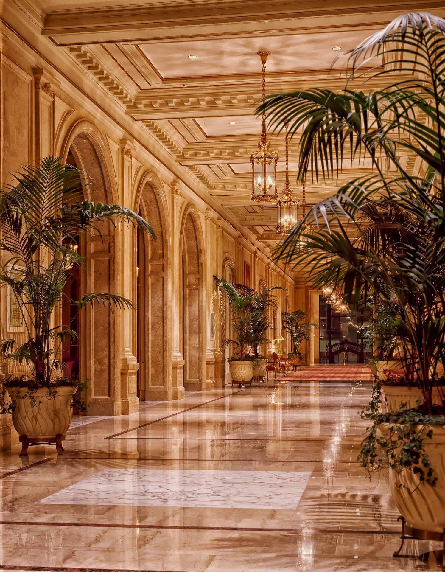 Elegant hotel corridor with marble floors, ornate gold ceilings, and potted palm trees