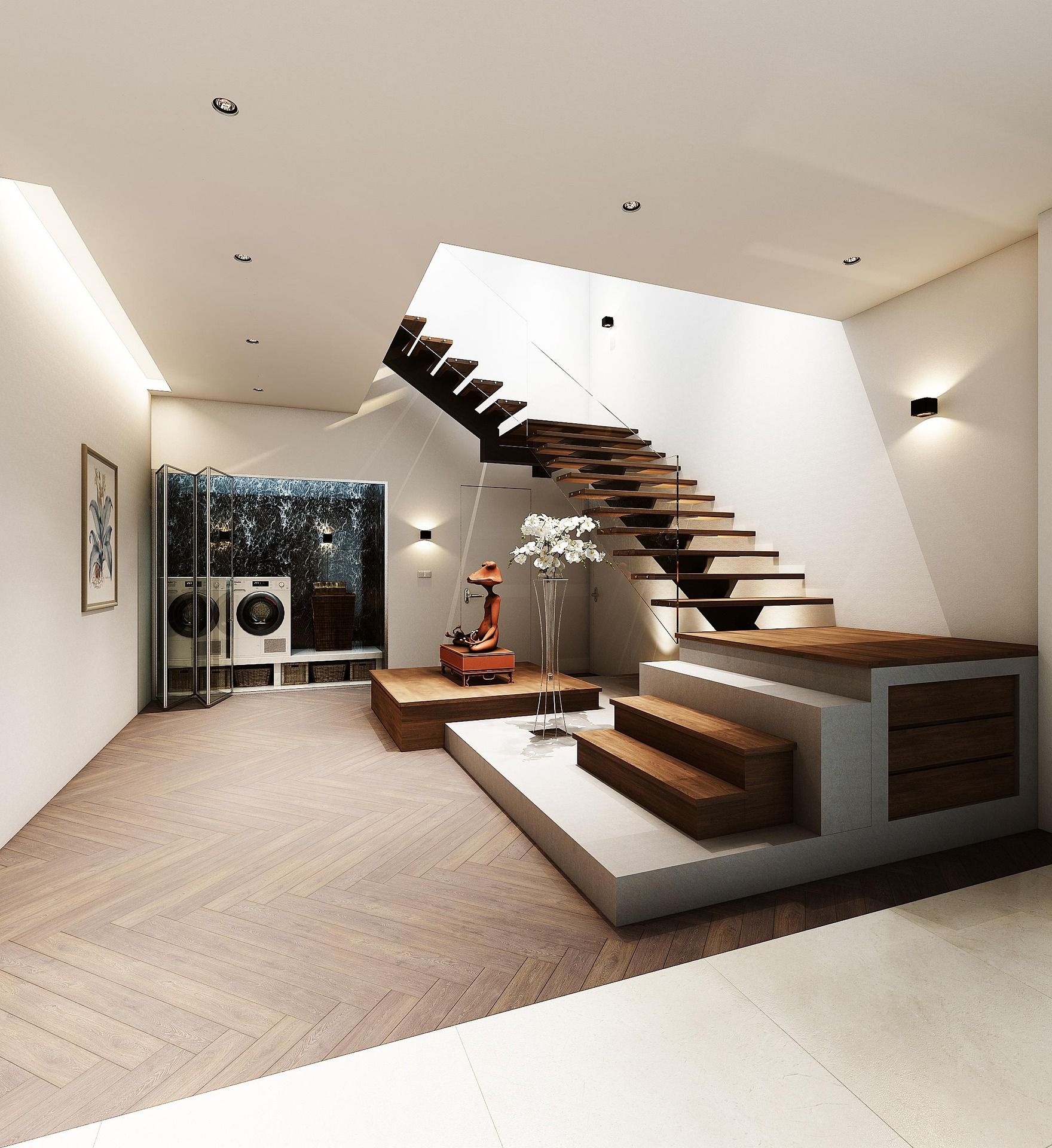 Modern minimalist living room with floating wooden staircase, white walls, and recessed lighting