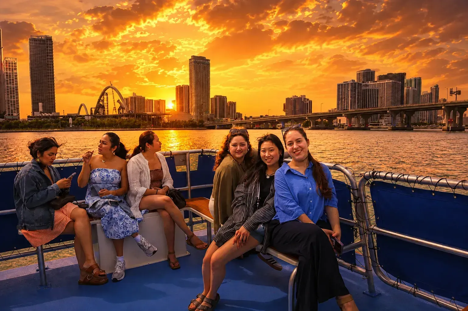 Guests enjoying a 90-minute Miami sunset cruise on the open-air upper deck with Downtown Miami views