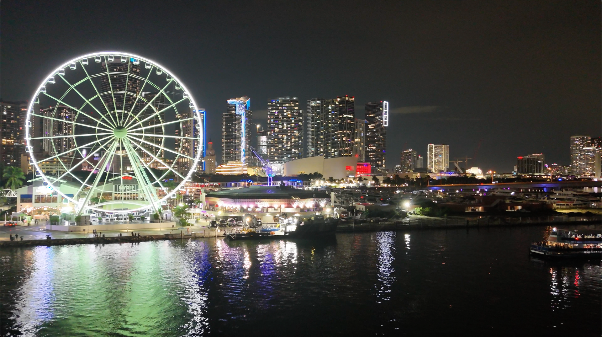 Bayside marketplace at night on a Biscayne Boat cruise