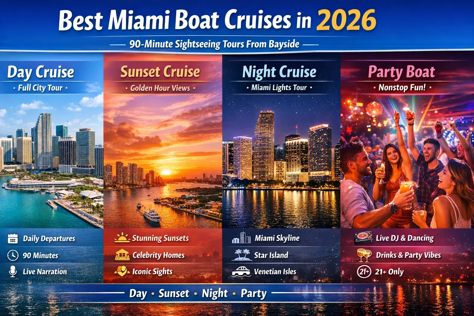 Best Miami boat cruises in 2026 infographic showing day cruise, sunset cruise, night cruise, and Miami party boat experiences.