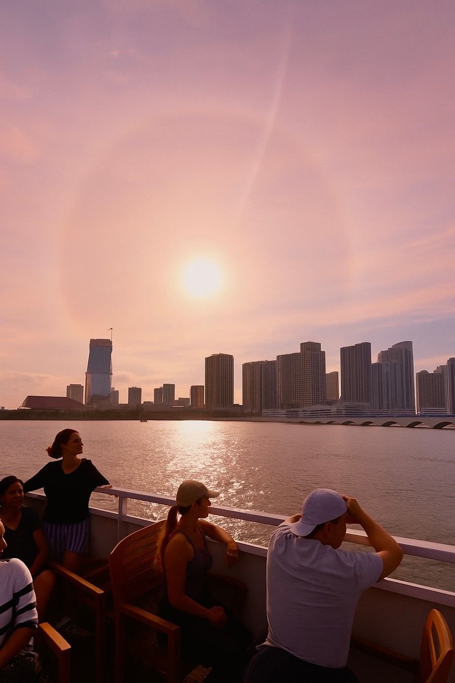 Miami Bayside Sunset Cruise with Skyline Views from the open top deck of the Miami Boat Tour at tsunset