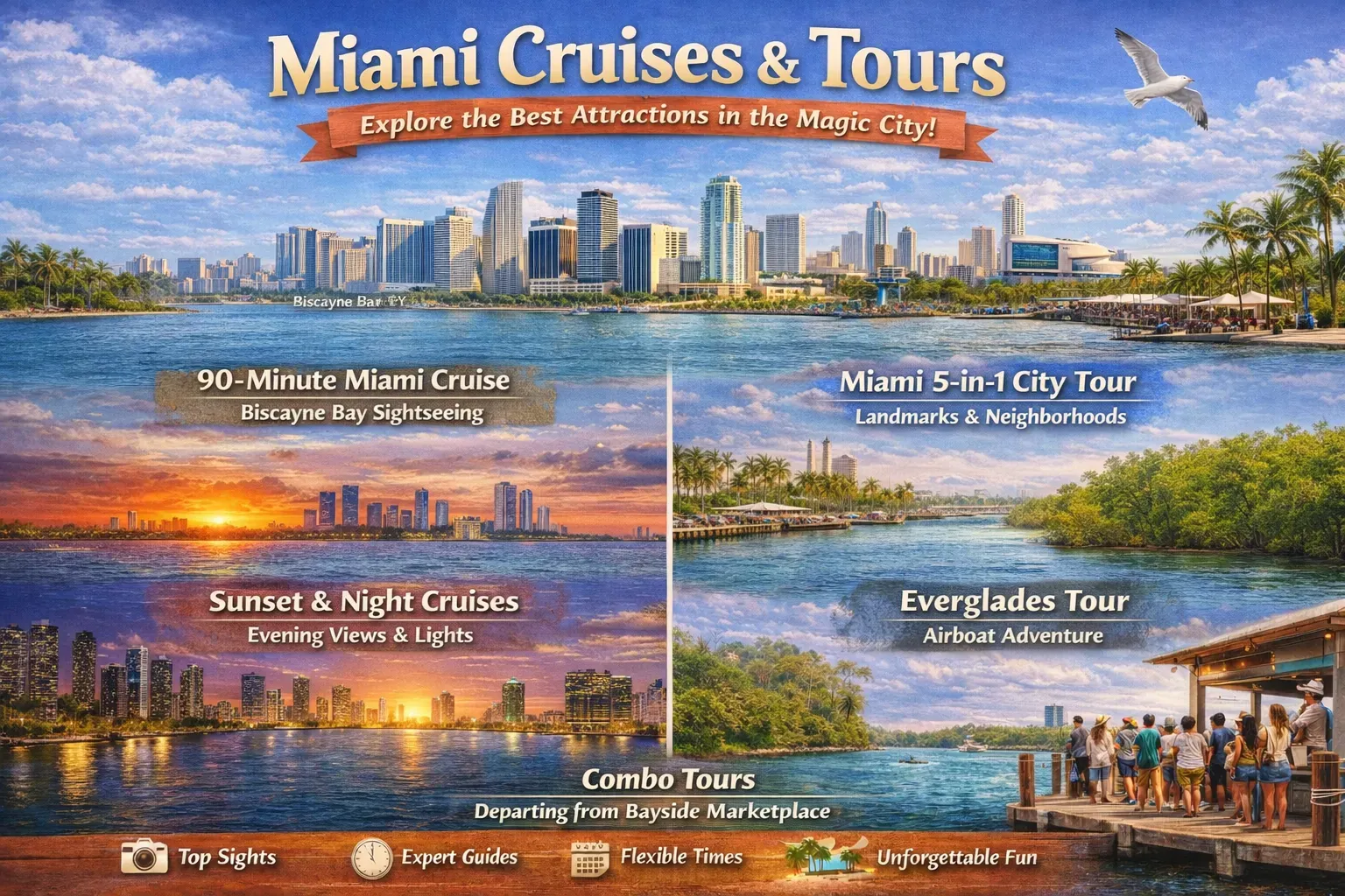 Miami Cruises & Tours infographic showing the best Miami cruises, sunset and night cruises, Miami 5-in-1 city tour, Everglades tour, and Key West day trip