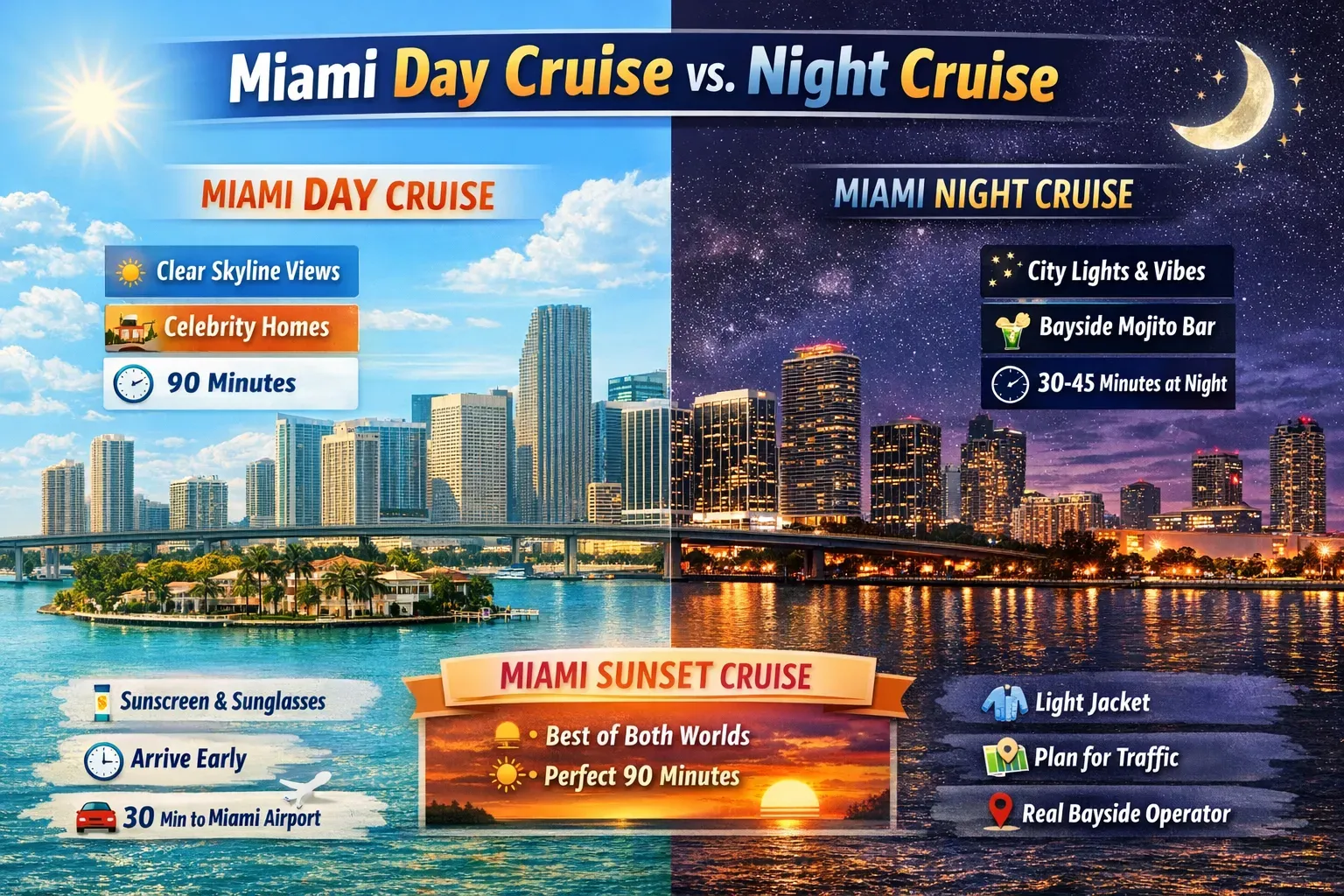 Miami day cruise vs night cruise infographic showing views, vibes, and sunset sightseeing options on Biscayne Bay.