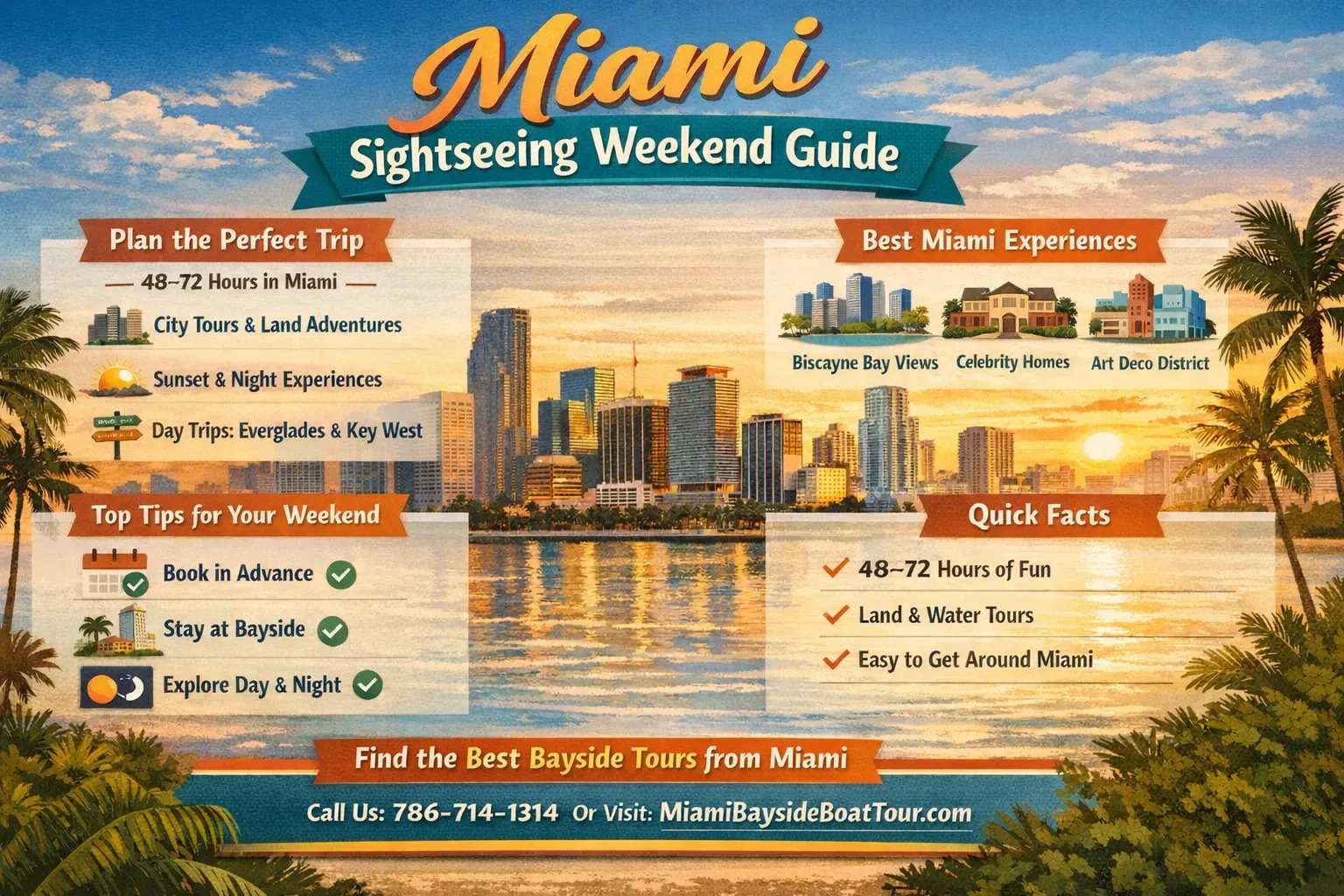 Miami sightseeing weekend guide infographic showing best tours, tips, and 48–72 hour itinerary in Miami