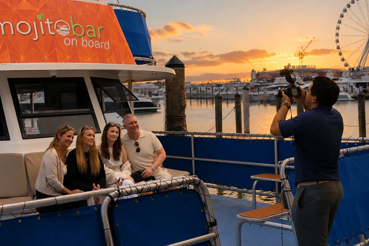 Guests boarding a Miami sunset sightseeing cruise at Bayside Marketplace before departure.