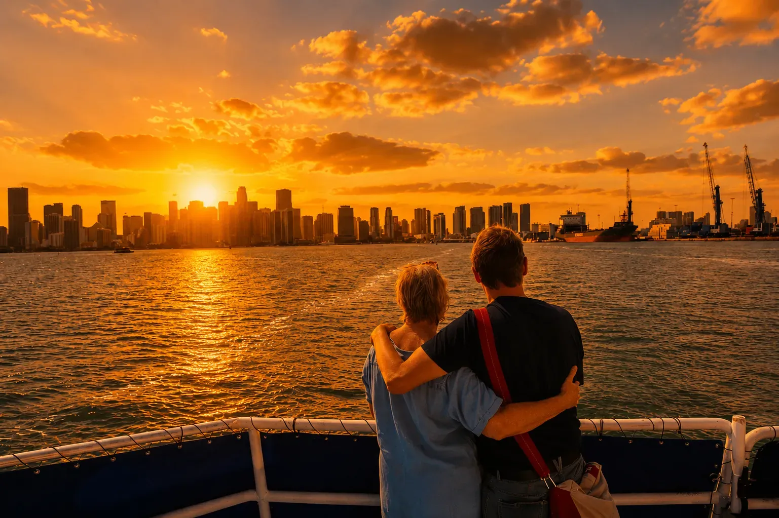 Guests enjoying Miami Sunset Cruises while heading west toward the Downtown Miami skyline during a Miami Sunset Cruise.