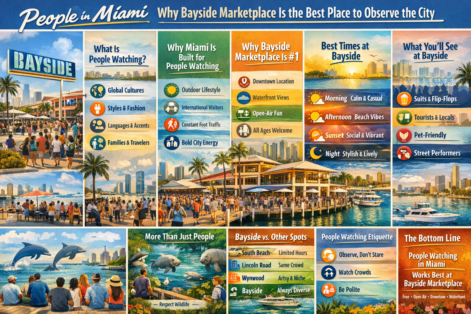 people watching in Miami at Bayside Marketplace infographic.
