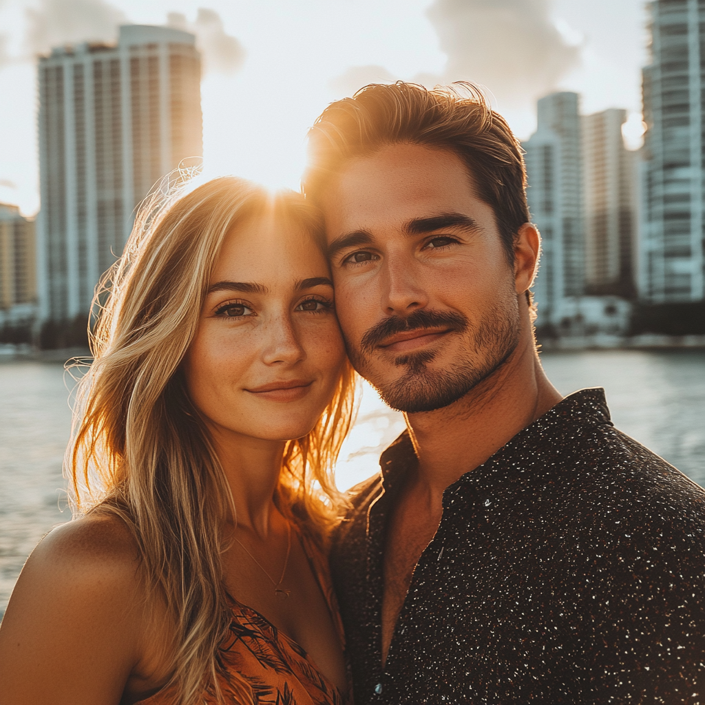 Romantic couple selfie overlooking the Intracoastal Waterway at dusk.