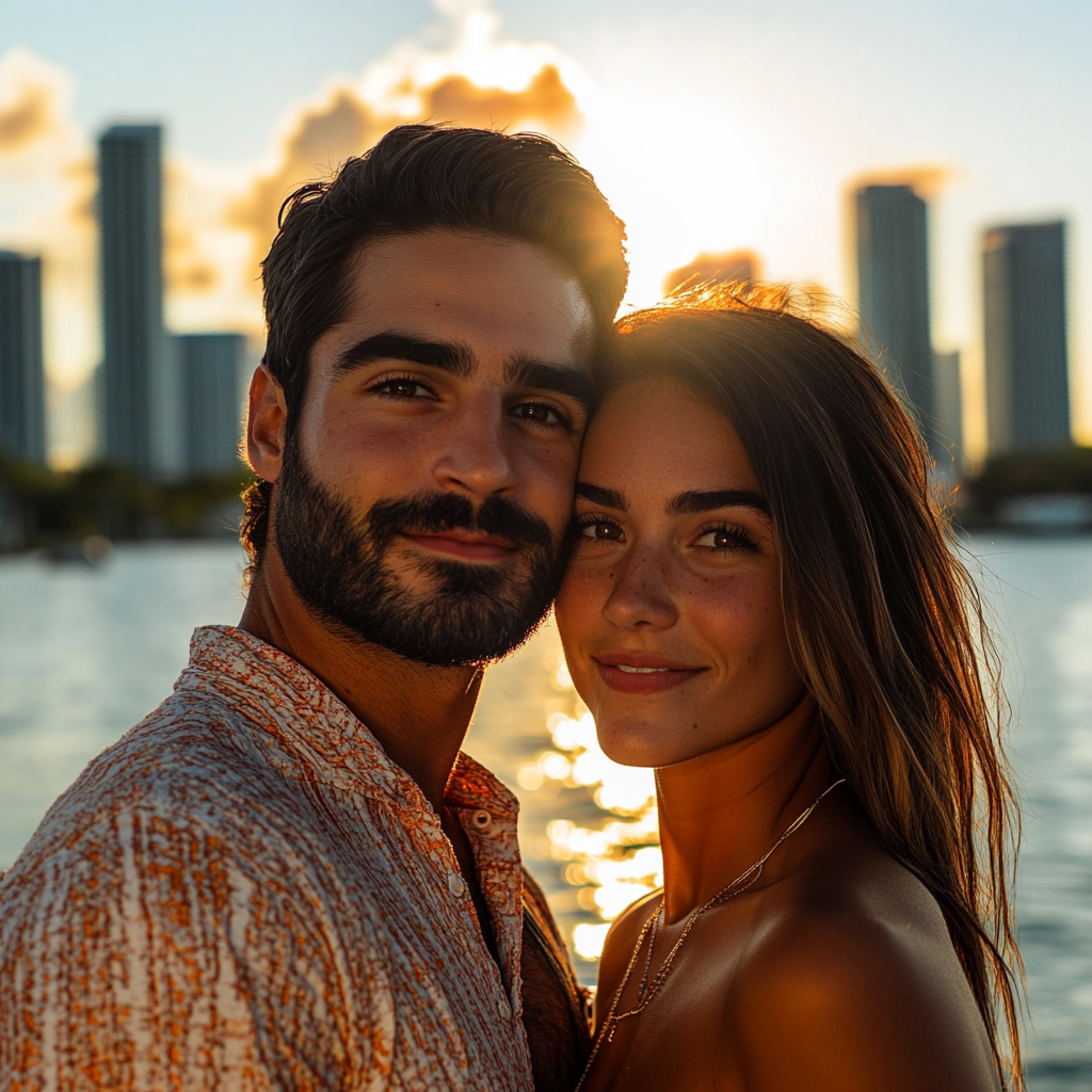 Couple capturing a selfie during the romantic sunset sail on Biscayne Bay.