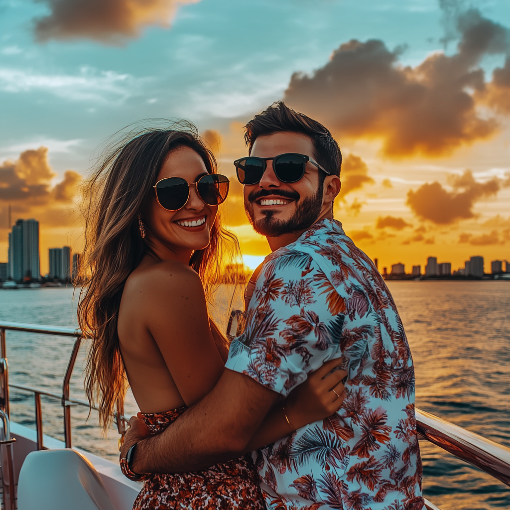 Romantic sunset selfie with Millionaire's Row and city lights.
