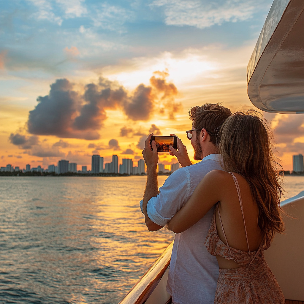 Miami couple selfie on the top deck with the sunset over the Intracoastal Waterway.