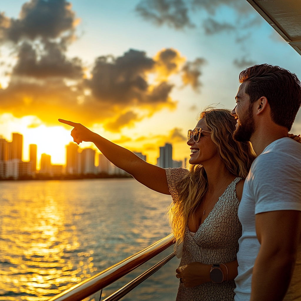 Happy couple selfie near celebrity mansions on Biscayne Bay.