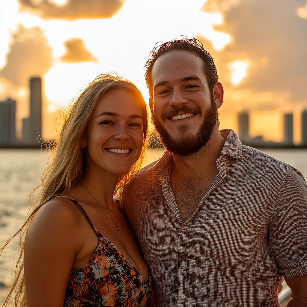 Smiling couple with the Port of Miami in the background.
