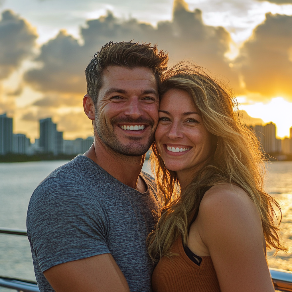 Couple posing on the waters of Biscayne Bay during sunset sail.