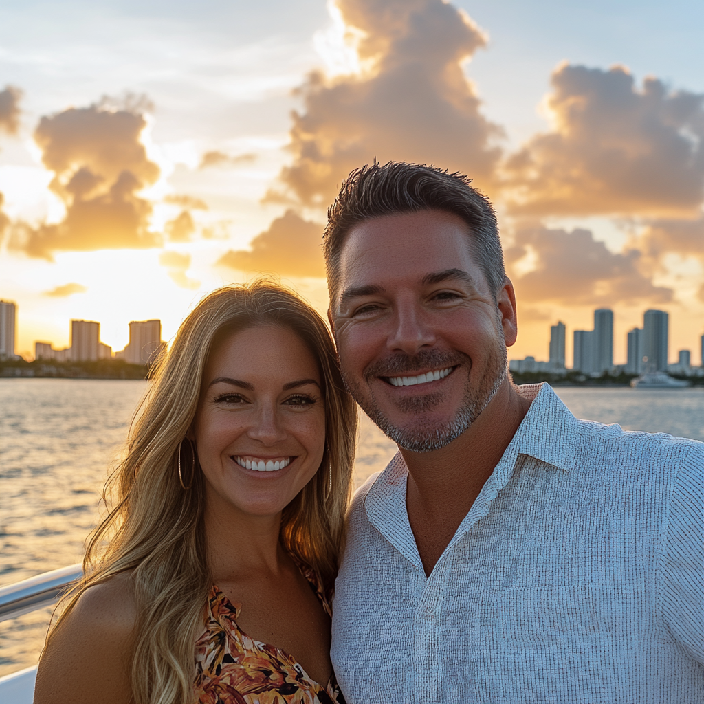 Romantic selfie on the boat passing celebrity mansions at sunset.