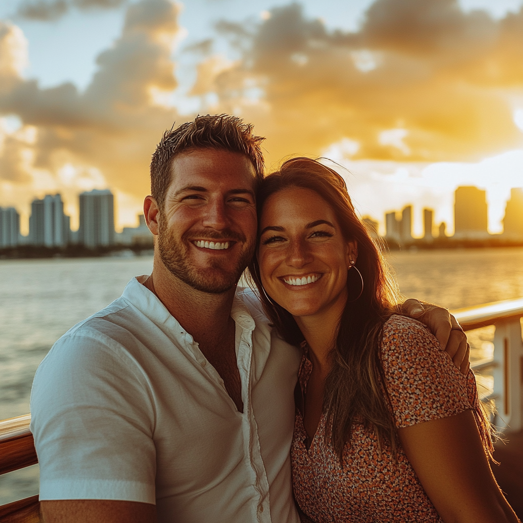 Couple’s selfie with the sunset and the Intracoastal Waterway behind them.